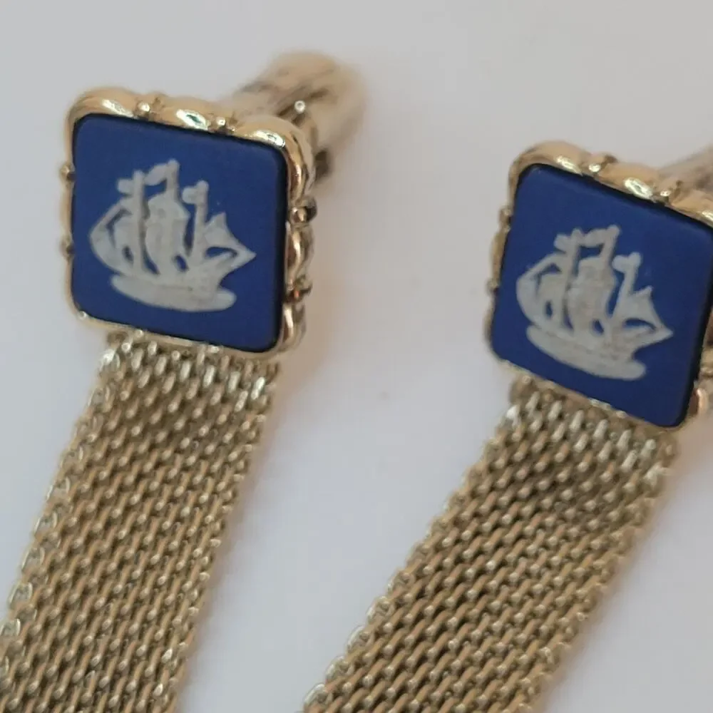 Wedgwood Jasperwear Cufflinks Set Gold Blue Tone Sailboat Ship England Square